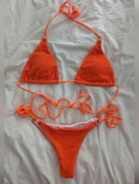 Vibrant Orange Smocked Triangle Bikini Top&Bottom